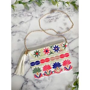 Vieta Fashion White Multicolor Mexican Floral Embroidered Clutch W Chain Strap